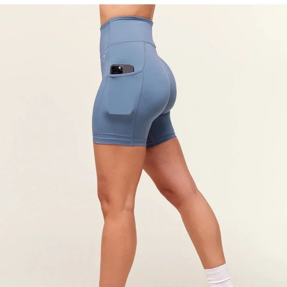 Gymskark Women’s Sz M Hight Waisted Biker Shorts Side Pockets Light Blue - Picture 3 of 8